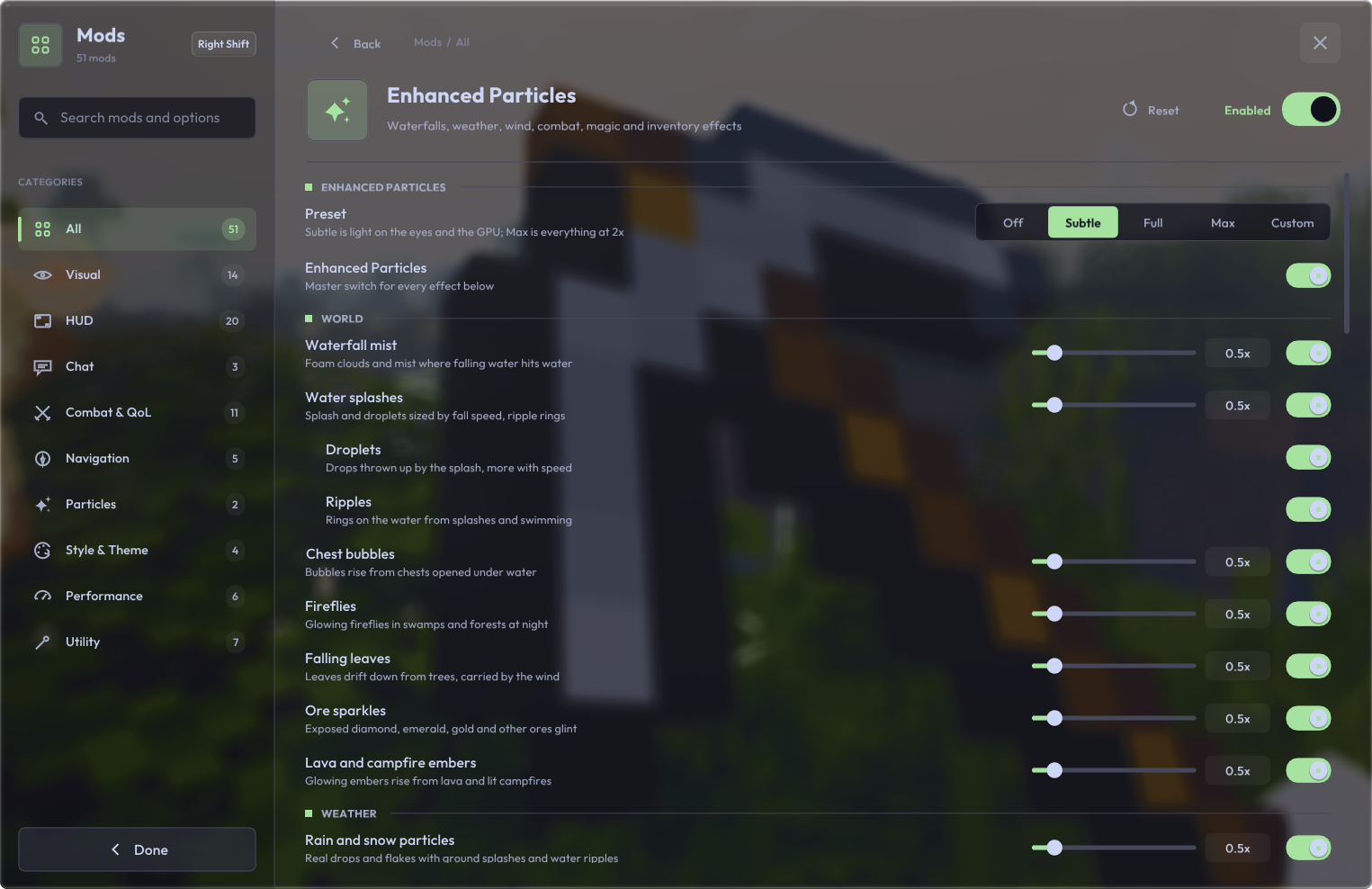 Enhanced Particles configuration for waterfalls, weather, wind, combat, magic and inventory effects.