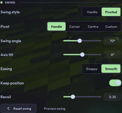 Held-item swing settings, including pivot, swing angle, axis tilt, easing, keep position and recoil.