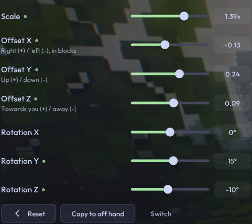 Held-item scale, X/Y/Z offsets, X/Y/Z rotation and copy-to-off-hand controls.