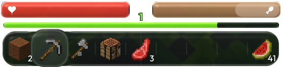 MCC’s health, hunger, experience and inventory bars, with transparent gaps.