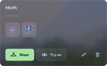 Saved Moth outfit in MCC, with Wear and Try on controls.