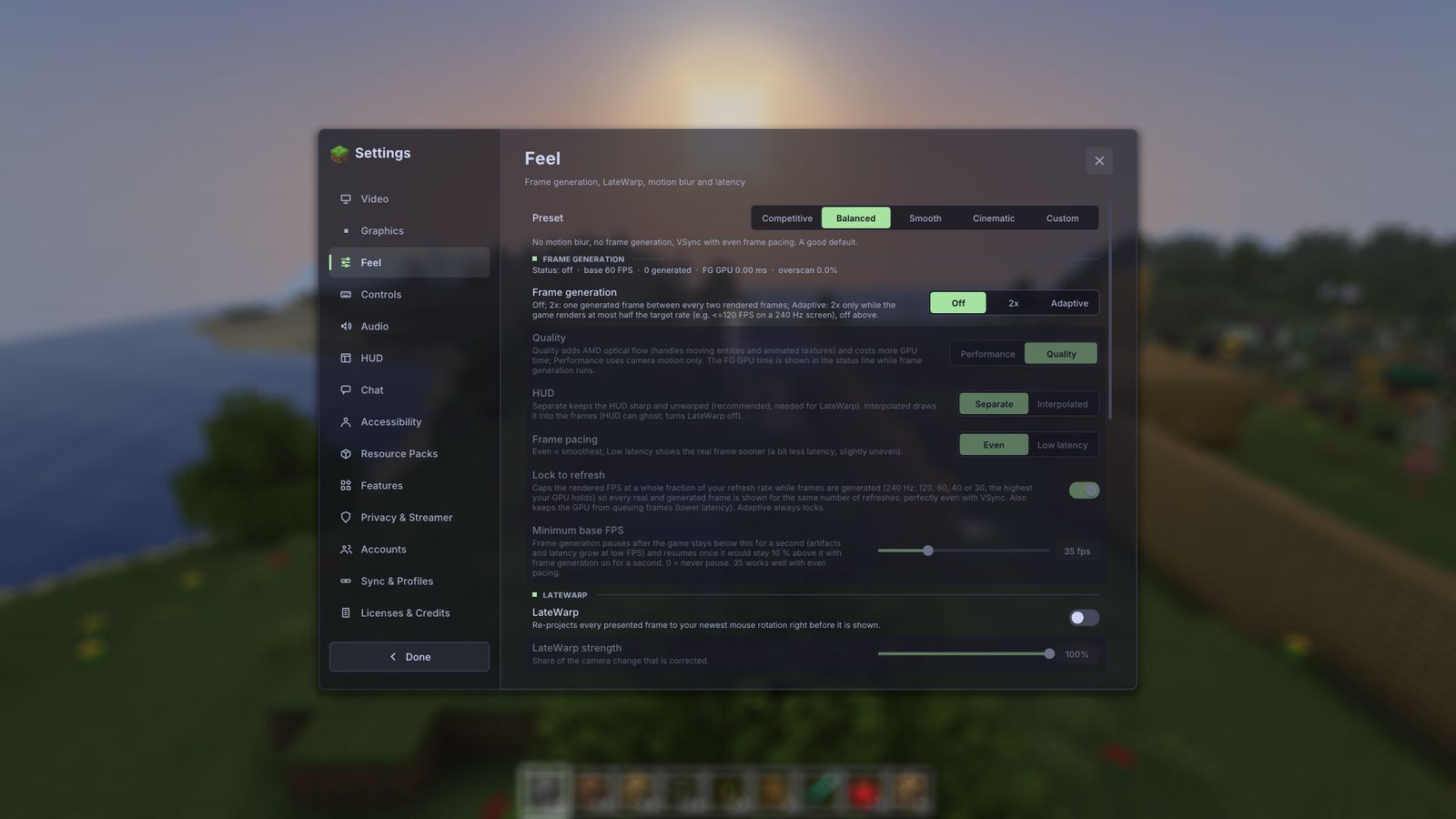 The Feel settings tab