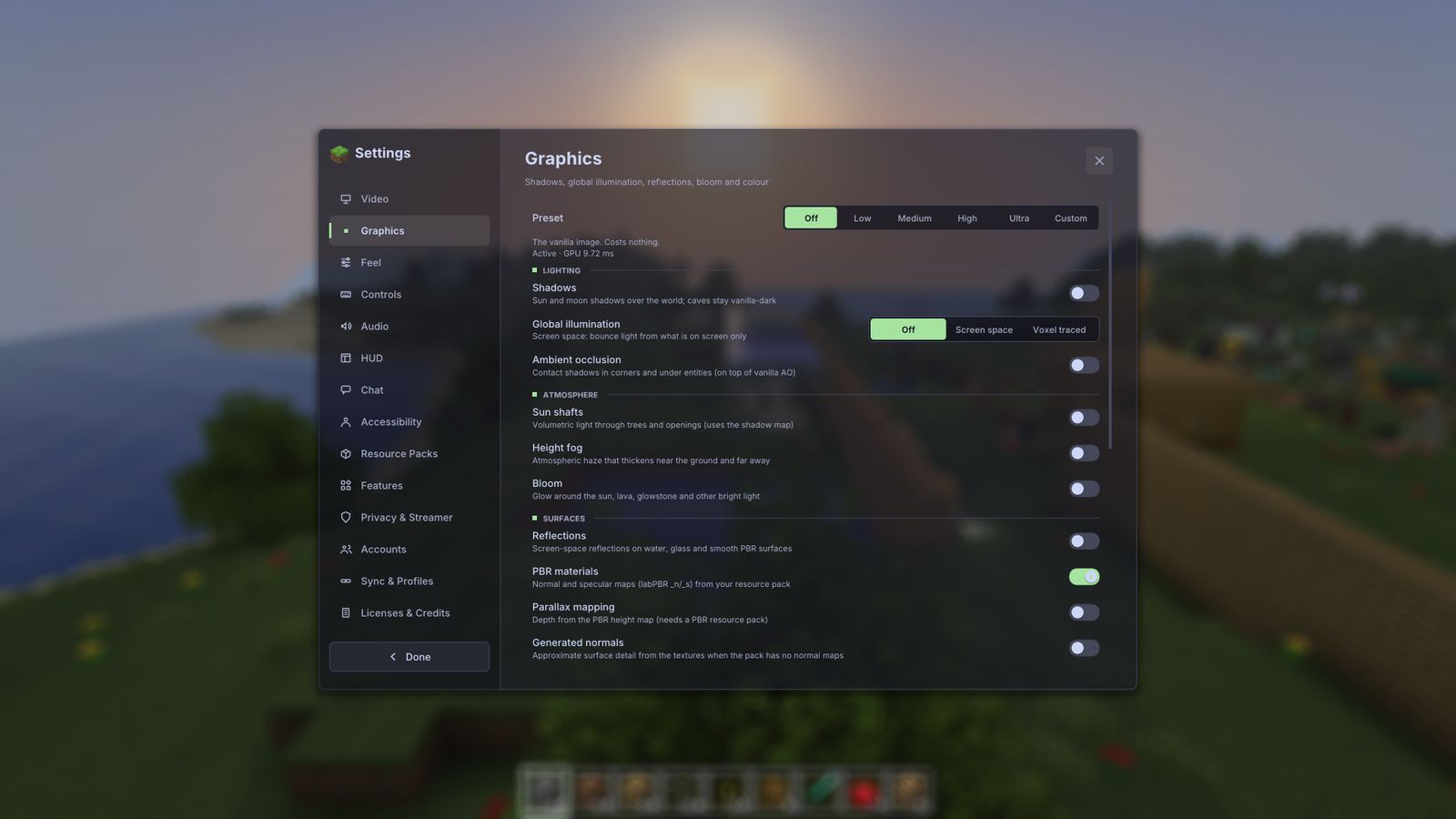 Graphics settings tab