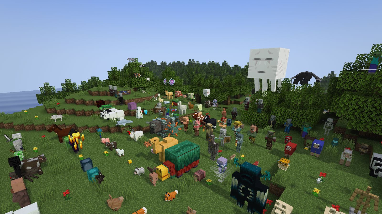 A field full of Minecraft mobs