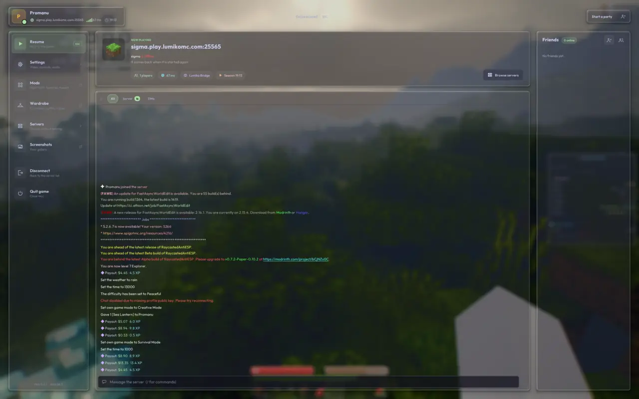 MCC’s pause hub with game navigation, current session information, chat tabs, and a friends sidebar.