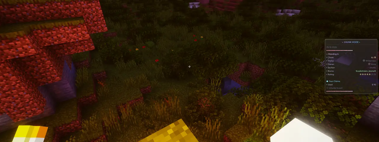 Warm amber and cool cyan illumination across the Minecraft landscape at night.